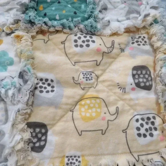Flannel Rag Quilt With Batting, 50 X 44, Baby Elephant Scrappy Rag Quilt Throw